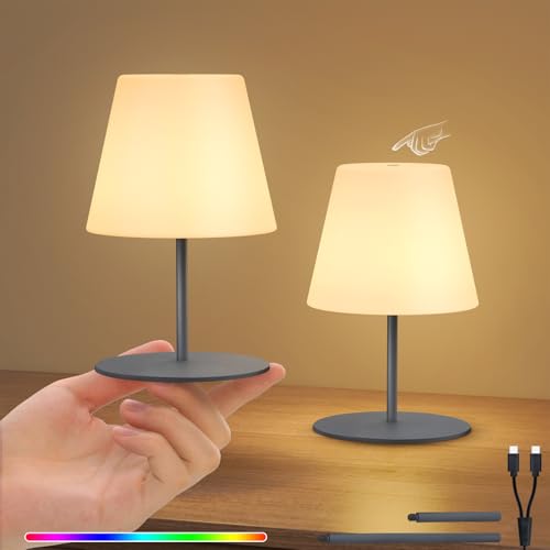 RWWR 2 Stück Tischlampe kabellos LED Akku Nachttischlampe Mini Kleine 8 Farben USB-C aufladbar Tischleuchte Outdoor Indoor – IP44 Wetterfest, 8-10h Akkulaufzeit, 9x9x17cm, Höhenanpassung (Grau)