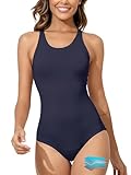 Beautikini Period Swimwear Women's One Piece Leakproof Menstrual Bathing Suit Racerback Swimsuit for Teens Girls Navy Blue L
