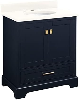 Signature Hardware 483390 Quen 30" Free Standing Single Basin Vanity Set with Cabinet, Vanity Top, and Undermount Sink - 3 Faucet Holes - Midnight Navy Blue/Arctic White Quartz