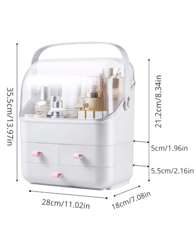 Image of LINFIDITE Cosmetic Storage Box with Lid Makeup Organizer Box with Dust Free Cover Portable Handle,Large Makeup Display Case with Drawers Fully Open Lid,Great for Dresser Bathroom Countertop