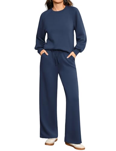 Totatuit Conjunto jogging mujer invierno sudadera cuello redondo pantalón holgado con bolsillos estilo elegante Azul Marino，L
