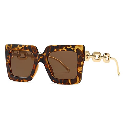 Lunettes de soleil carrées pour femmes avec monture léopard thé et chaîne en métal