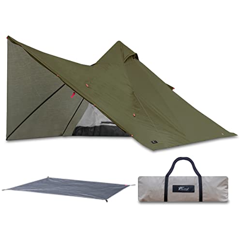 FIELDOOR フォークテント280 プラス 【T/C 難燃性ポリコットン モスグリーン】 ＆ グランドシート 火の粉に強く前室が広く使える サイドフラップ付き 風対策 目隠し 二又ポール スカート 巻き上げ可能 撥水 防カビ加工 シェルター ソロキャンプ ツーリング