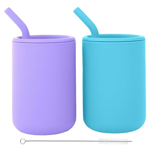 Image of WeeSprout Silicone Baby Cups With Straws and Lids, 4 & 8 oz Options, Set of 2, Food Grade Toddler Training Container, Built In Straw Stoppers, Measurement Markings, Dishwasher Safe + Straw Cleaner