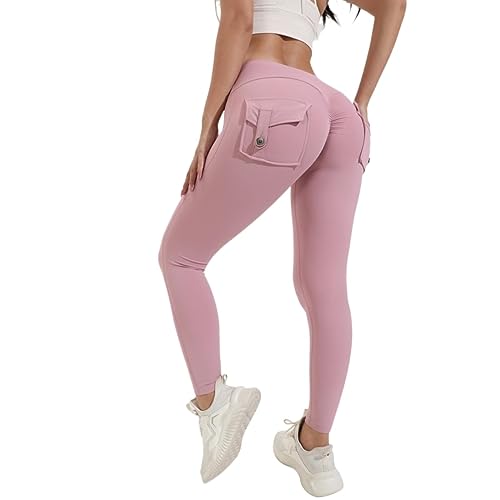 Generico Leggins deportivos mujer Push Up Leggings Yoga Mujer Gimnasio Leggings Scrunch Butt Booty Pants Deportivo Mate Pantalón Suave con Bolsillos para Entrenamiento Yoga Deportes, Rosa, XL