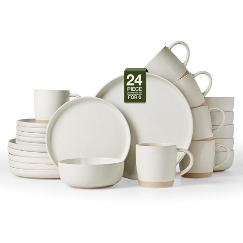 Image of Famiware Milkyway Stoneware Dinnerware Sets with Mugs, Service for 6 (24 Pieces), Reactive Glaze Plates and Bowls Sets, Microwave and Dishwasher Safe Dishes Set, Matte Beige White