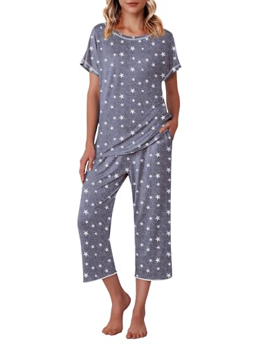 Image of Ekouaer Womens Capri Pajama Sets Print Short Sleeve Sleepwear Top and Pants | Comfy Printed Sleepwear Soft Crewneck Loungewear with Pockets for Home Daily Wear