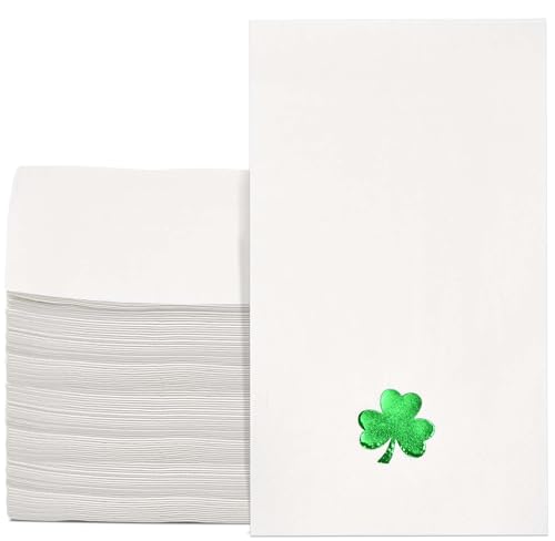 100 Pcs St. Patricks Day Guest Napkins Green Foil Shamrock Disposable Paper Hand Towels for Irish Party Holiday Kitchen Bathroom Dinner Table Decor Supplies