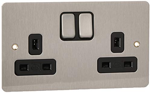 MK Edge K14345BRCB 13A Double Switched Socket with Double Pole/Clean Earth - Brushed Chrome
