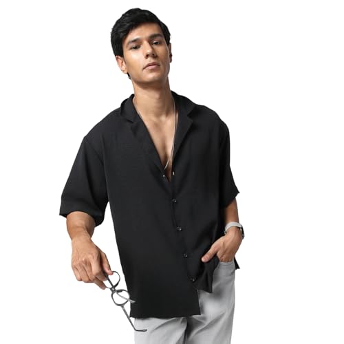Image of Urbano Fashion Men's Cotton Half Sleeve Relaxed Fit Textured Shirt with Cuban Collar