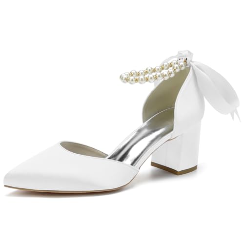 HKMFLYY Zapatos de boda con perlas puntiagudas para mujer, tacones bajos, tacones de satén con lazo, zapatos de novia, tacones de bloque gruesos, cómodos zapatos de baile, Blanco, 38 EU