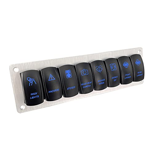 Image of 8 Gang Boat Rocker Switch Panel with Silver Mounting Bracket Blue Led Toggle Switch Panel for Car Truck Van Yacht RV IP66
