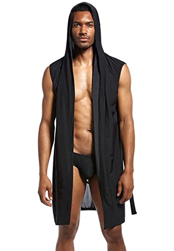Mendove Men's Silky Sexy Sleeveless Summer Robe Hooded Bathrobe Size Medium Black #TOP22