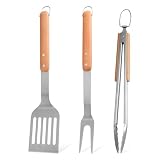 Fyfjur Grillbesteck Set, Robustes Grill Zubehör Edelstahl - Grillzange, Grillspachtel und Fleischgabel mit Langen Holzgriffen und Aufhänge-Ösen