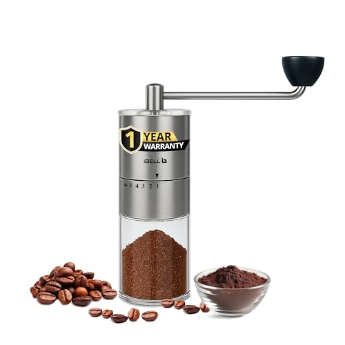 Image of IBELL GRINDX6 Manual Coffee Grinder with Glass Jar, 6 Adjustable Settings, Stainless Steel, Detachable Handle, Ceramic Conical Burrs, Whole Beans, Drip Coffee, Espresso (Silver)
