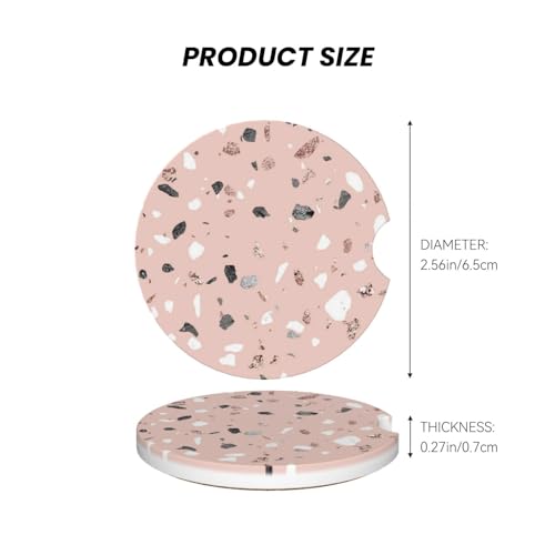 Image of Pink Terrazzo Car Coasters for Cup Holder Absorbent Ceramic Cup Coaster 2 Pack Anti Slip Car Interior Accessories with Finger Notch Cork Base for Women Men 2.56 inch