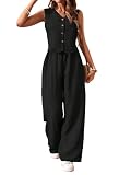 SweatyRocks Damen Zweiteiler Hosen Set Sommer Freizeitanzug mit Weste Bluse und Weite Hose Büro Casualanzug Urlaub Outfits Schwarz S