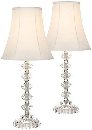 360 Lighting 4N686-4N686 Bohemian Traditional Cottage Style Accent Table Lamps 21 Inch High Set Of 2 Clear Stacked Glass Off White Bell Shade cover