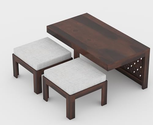Image of ONIJA Modern Wooden Coffee Table with Carved Jali Design & Cushioned Stool | Center Table with Hidden Seating | Solid Wood Living Room Table (Walnut Finish)