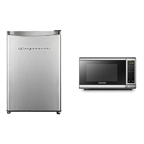 Frigidaire EFR321-AMZ 3.3 cu ft Stainless Steel Mini Fridge & BLACK+DECKER EM720CB7 Digital Microwave Oven with Turntable Push-Button Door, Child Safety Lock, 700W, Stainless Steel, 0.7 Cu.ft
