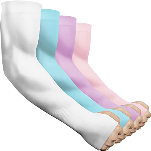 Ladiery 4 pares de mangas de protección solar UV para hombres y mujeres, cubierta de brazo de enfriamiento para béisbol, correr, tatuaje, White+Blue+Pink+Purple, talla única Cover