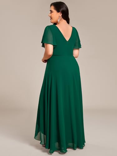 Image of Ever-Pretty Plus Women's Chiffon V-Neck Beading Ruffles Sleeves Maxi High Low Plus Size Formal Dresses