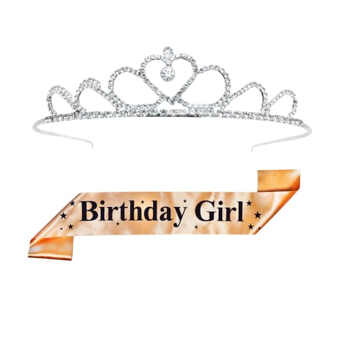 Image of DECOFY Birthday Sash & Crown Set | Princess Queen Crown Tiara Hairband for Girls & Women | Birthday Party Accessories Suitable for All Age Groups Celebration Photoshoot & Special Occasions