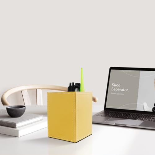 Image of Pen Pencil Holder Cup Container PU Leather Desk Organizer Stand Decor Brush Scissor Holder Decoration Office Desk Home School (Yellow, 3.54 inch x 3.54 inch x 4.72 inch)