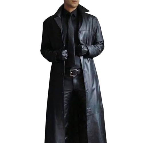 Mens Long Leather Trench Coat Full Length Motorcycle Leather Jakcet Fashion Slim Fit Punk Jacket Overcoat