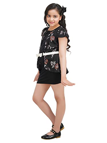Image of Girls Floral Printed Rayon and Lycra Shift Dress (with Belt)