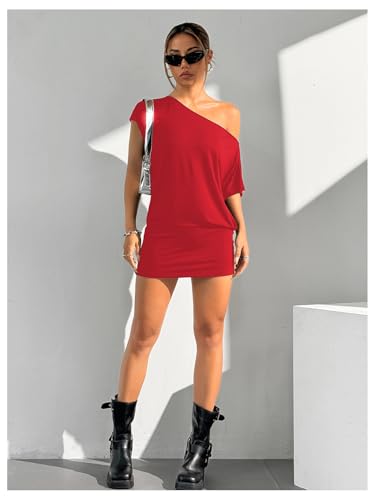 Image of SOLY HUX Women's Off The Shoulder Mini Dress Going Out Asymmetrical Neck Short Sleeve Casual Bodycon T Shirt Dresses