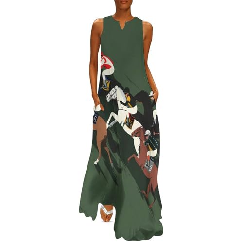 Race Horse Horserace Casual Maxi Dress for Women Summer Loose Long Dresses Sleeveless Beach Pockets M
