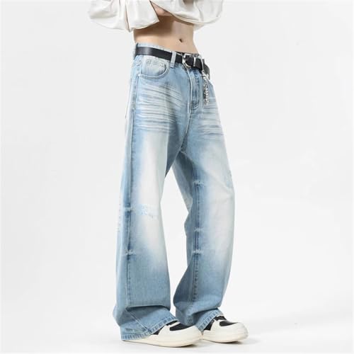 Men's Denim Pants Solid Color Washing Worn-Out Straight Trousers Wide Leg Loose Jeans 7