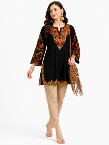 Image of HAUTEMODA Women Cotton Floral Embroidered Short Kurti, Tunic, Three-Fourth Sleeves, White