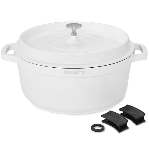 ROSSETTO 4,3L Cocotte ronde en fonte d’aluminium, revêtement antiadhérent en céramique. Couvercle avec picots saveurs. Compatible tous feux dont induction et au four jusqu’à 220° (24cm, Blanc)
