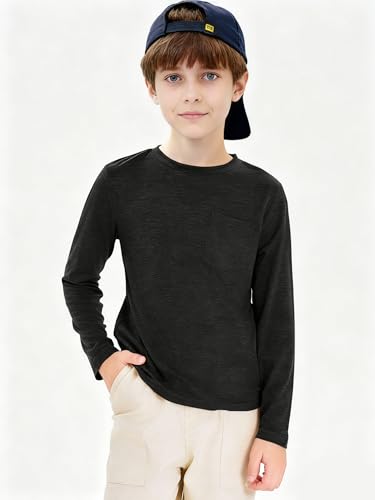 Image of Boys Long Sleeve Shirt Crewneck Solid Color Casual Top with Chest Pocket for Kids 5-14 Years