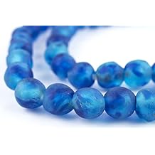 The Bead Chest African Recycled Glass Beads Handmade in Ghana Aqua Swirl 11mm Strand for Jewelry Making, Crafts, and Home Decor I Approximately 48 Beads