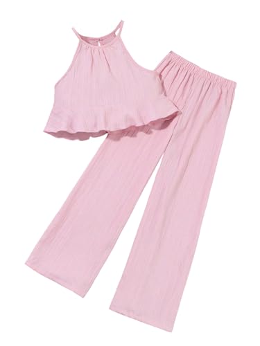 Image of SweatyRocks Girl's 2 Piece Outfits Ruffle Halter Sleeveless Top and Elastic High Waisted Pants Set
