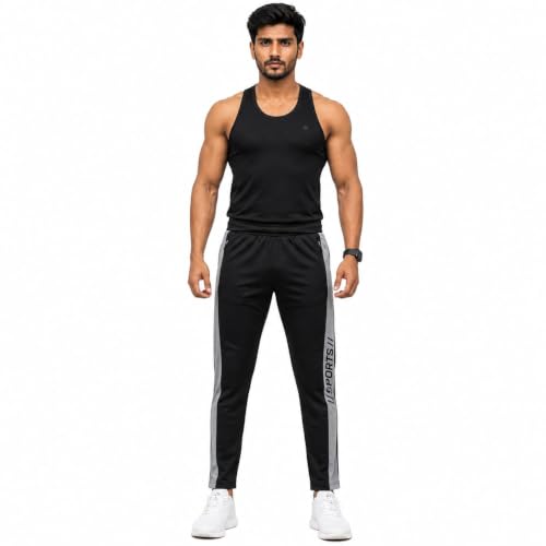 Image of Men's Black Sports Track Pants with Grey Side Panel