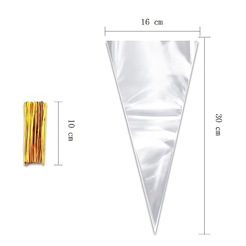 LucyStudio Transparent Sweet Cone Bags 16x30cm 100pcs with 100pcs Gold Twist Ties Triangle Cellophane Bags Crystal Clear Cone Bags for Party Christmas Wedding Candies Popcorn Marshmallow Snacks Gifts - Image 2