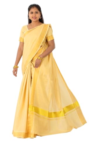 Image of Kerala Traditional Tissue Saree for Women with Running Blouse | South Indian Ethnic Saree for Weddings Onam Vishu Temple Wear & Festivals