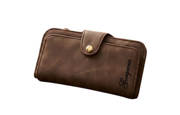 Women's Long PU Leather Wallet with Zipper Pocket & RFID Card Holder | Multi Card Slots | Coin Pocket | ID Window | Snap Closure | Stylish Clutch Purse | Brown-image-11