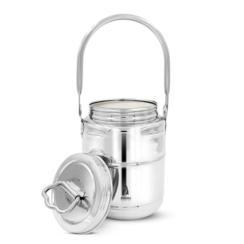 Image of Dhara Stainless Steel 2100 ml Dolchi Oil & Milk Container with Lid, Jointless One Piece Storage Pot with Screw Lid and Handle