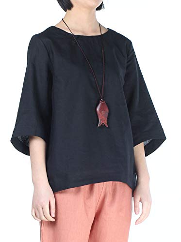 Minibee Women's Linen Blouse Round Neck 3/4 Sleeve Shirt Tops with Chinese Frog Button4