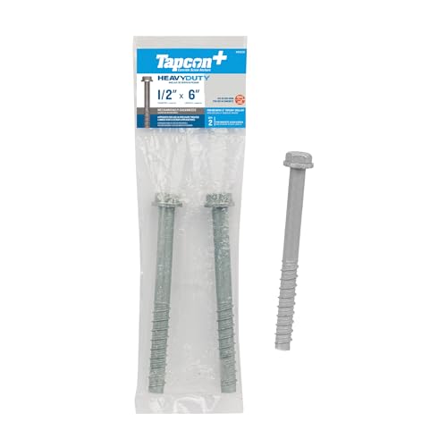 Tapcon+ 1/2 x 6 Inch Mechanically Galvanized Heavy-Duty Hex Head Concrete Anchors, 2 PCS, Extreme Corrosion Resistant, Exterior Use, Concrete Block and Masonry Brick Screws, Drill Bit Sold Separately