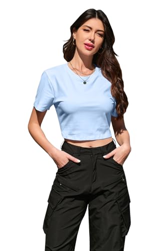 Image of Betusline Girls & Women Basic Summer Short Sleeve Slim Fit T-Shirts Soft Crewneck Crop Y2k Tee Cute Gym Fashion Clothes