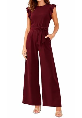 BTFBM Women Jumpsuits Crew Neck Ruffle Cap Sleeve Belted High Waist Wide Leg Romper with Pockets One Piece Casual Outfits(Wine Red, XX-Large)