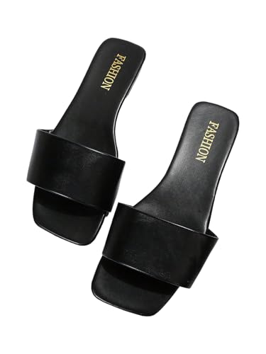 OYOANGLE Women's Leather Dressy Slide Sandals Square Open Toe Comfortable Flat Sandals