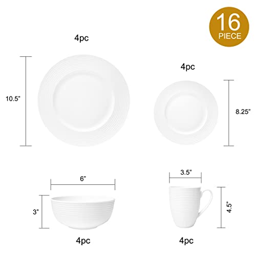 Bone China 16 Piece Dinnerware Set, Service For 4, White Embossed Circle, Microwave Safe, Translucent Elegant Giftware, Formal Dish Set, Essential Home, Everyday Living, Kitchen Dishes, Dinner Set #TOP2