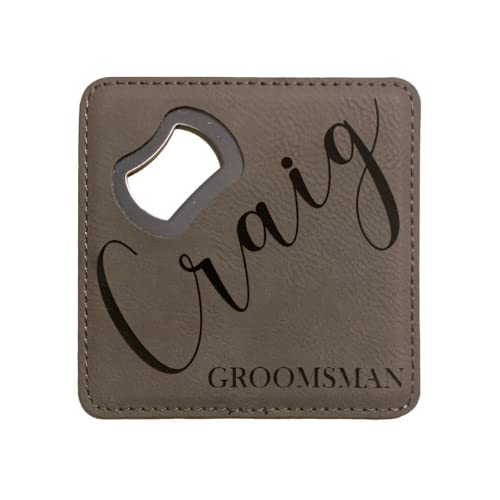Personalized Bottle Opener Coaster Engraved on Leatherette for Groomsmen Gifts